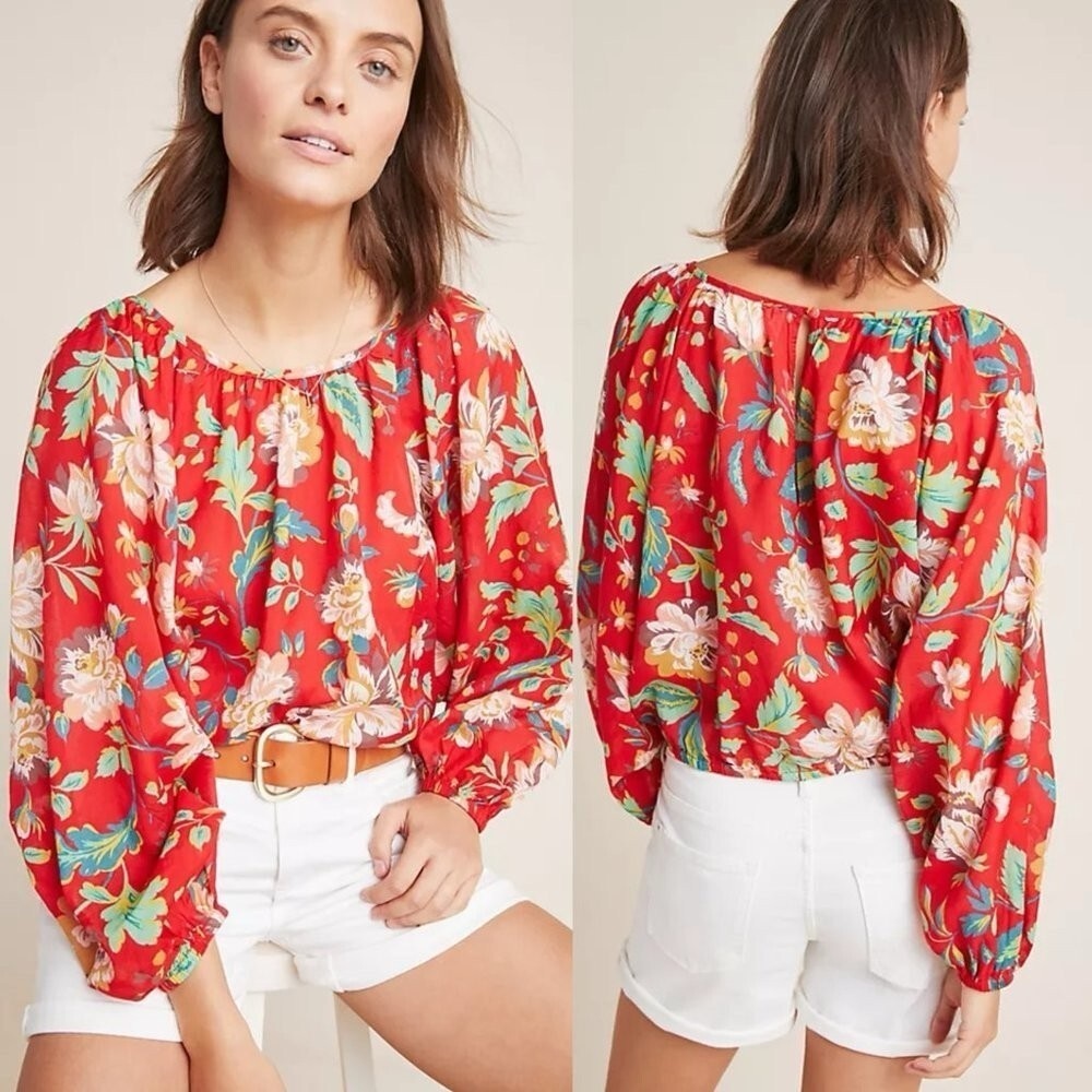 Maeve by Anthropologie Red Floral Lake House Balloon Sleeve Blouse Size Small